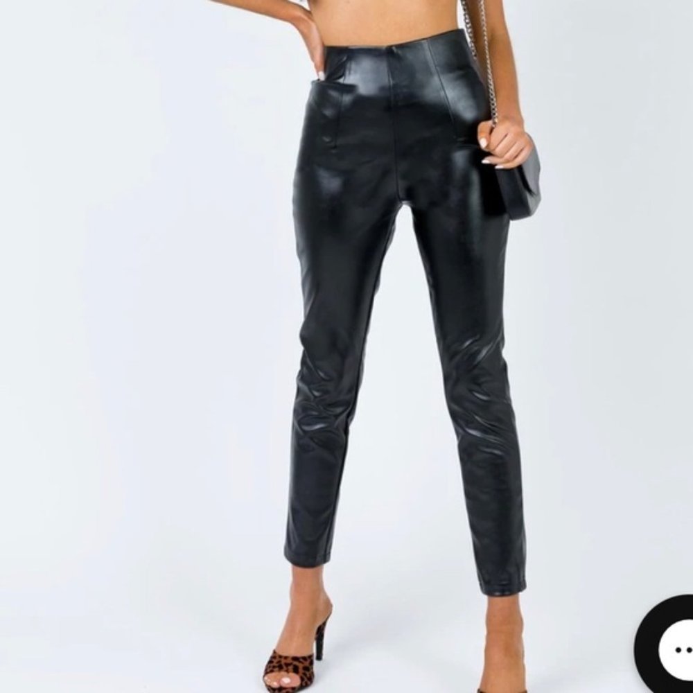 PRINCESS POLLY Lyra Black Leather Zip-Up Pants